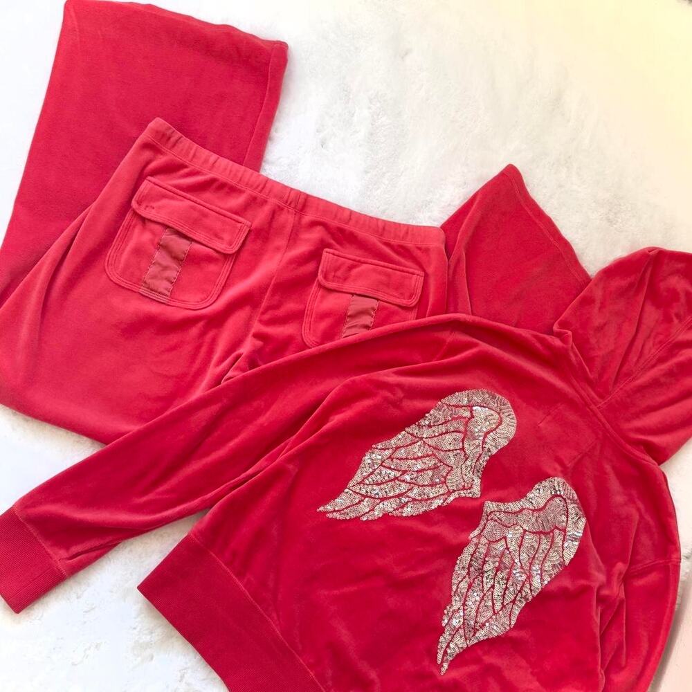 Victoria's Secret Velour Tracksuit Large Hot Pink Sequin Angel Wings McBling